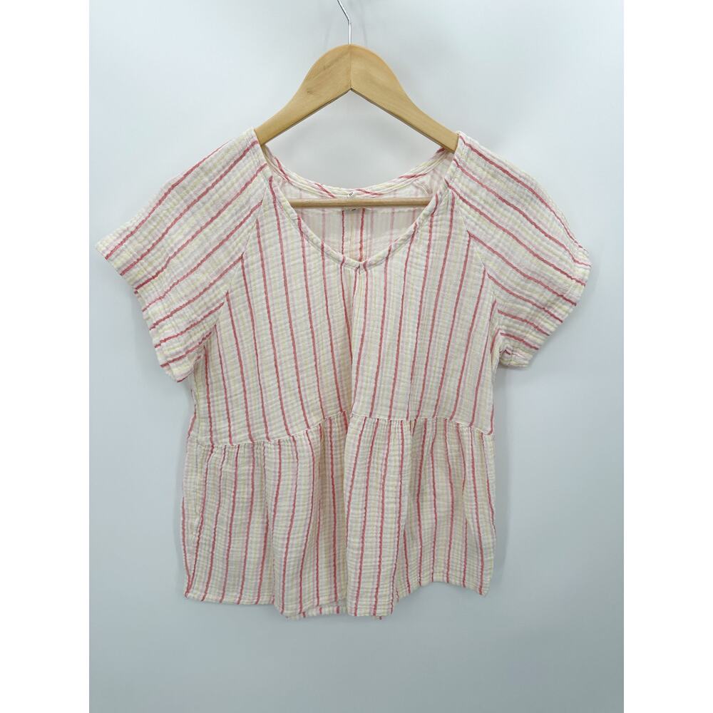 Maurices Women Medium White Red Yellow Striped Cotton Peplum Button‎ Back Top